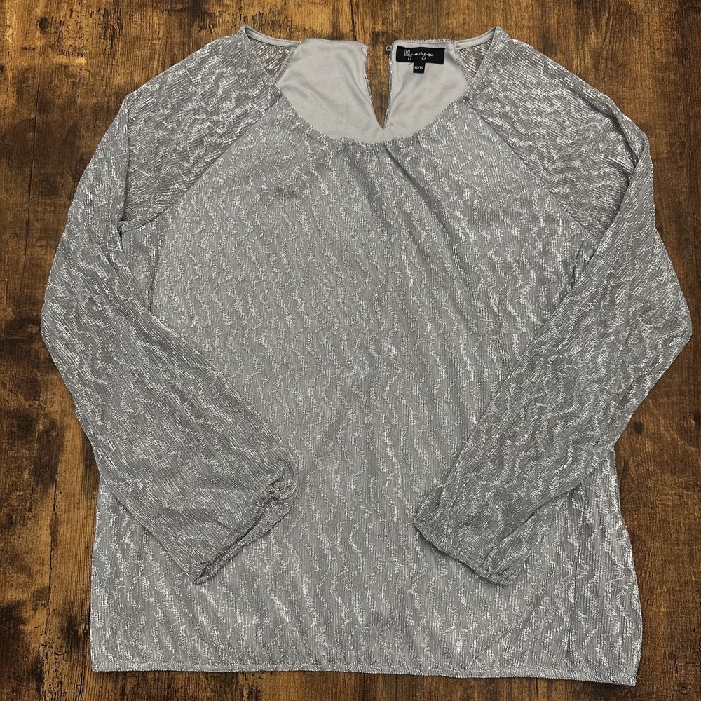 Lily Morgan Women's Metallic Silver Textured Long Sleeve Blouse